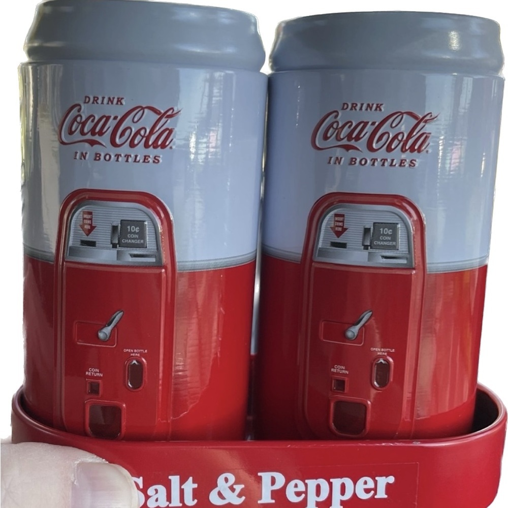 Coca Cola Vending Embossed Salt & Pepper Shakers w/Caddy 4”